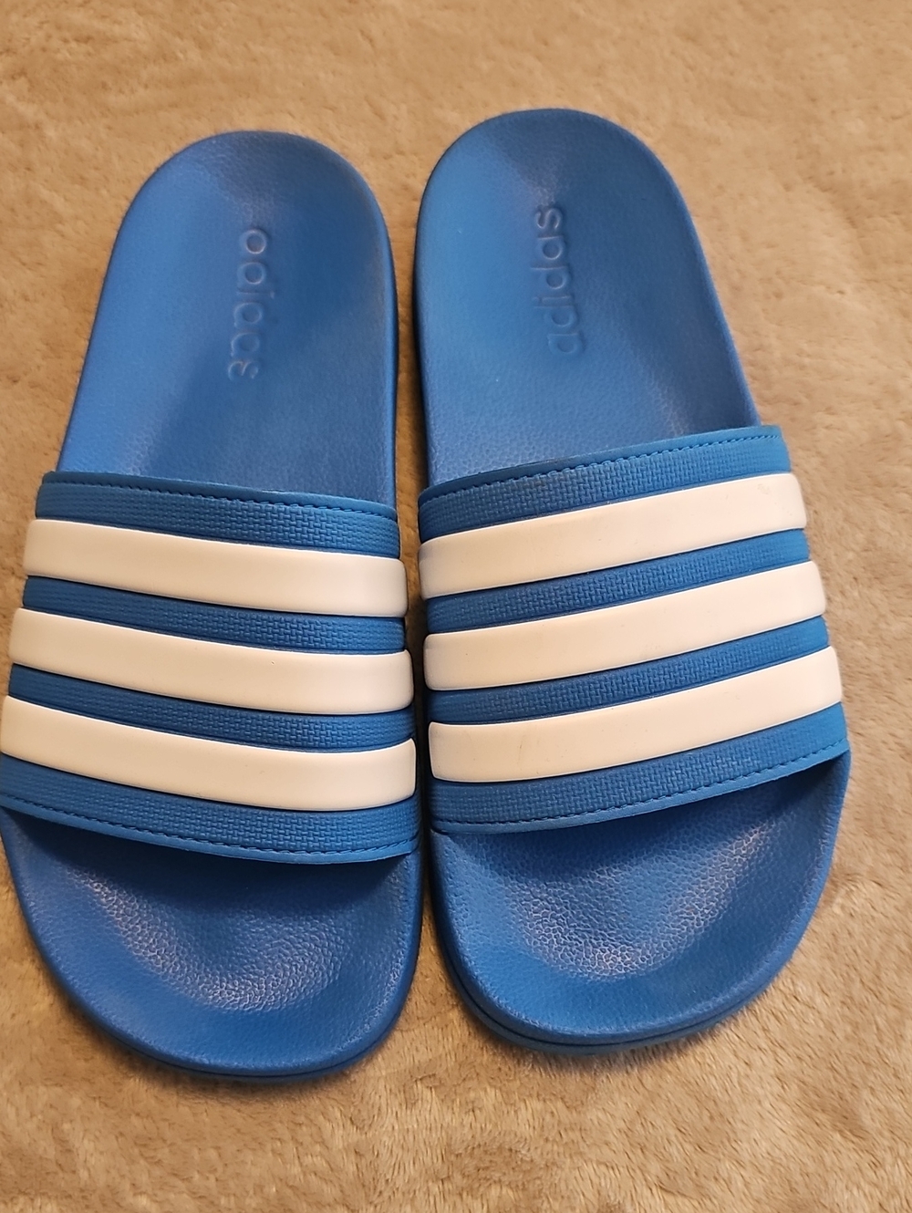 Adidas Women’s Blue Slide Sandals with White Stripes